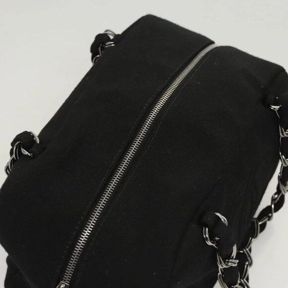 CHANEL COCO Mark Chain Hand Bag Cotton Black Silver CC Auth BD2146 - Picture 7 of 16